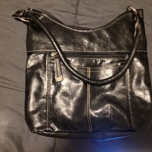 Black Faux Leather Hobo Shoulder Bag – 12.5"x12"x3" – Multiple Zip Pockets